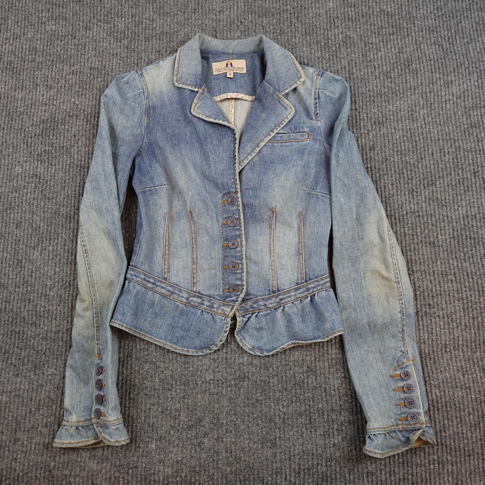 Vintage Juicy Couture Jeans Blazer Jacket Womens P Blue Denim Ruffle Peplum